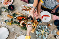 A top down view of a table of local food
