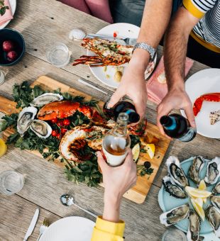 A top down view of a table of local food