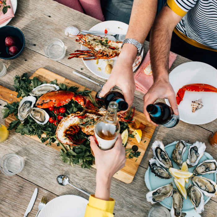 A top down view of a table of local food