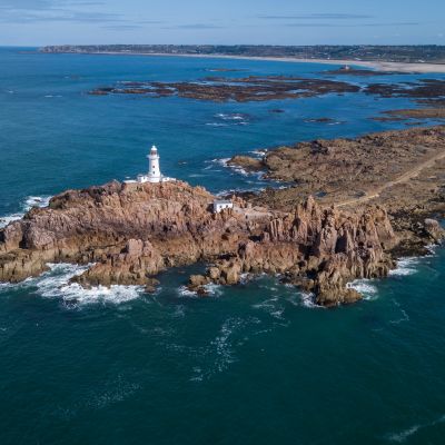 Aerial shot of La Corbiere Lighthouse, Jersey