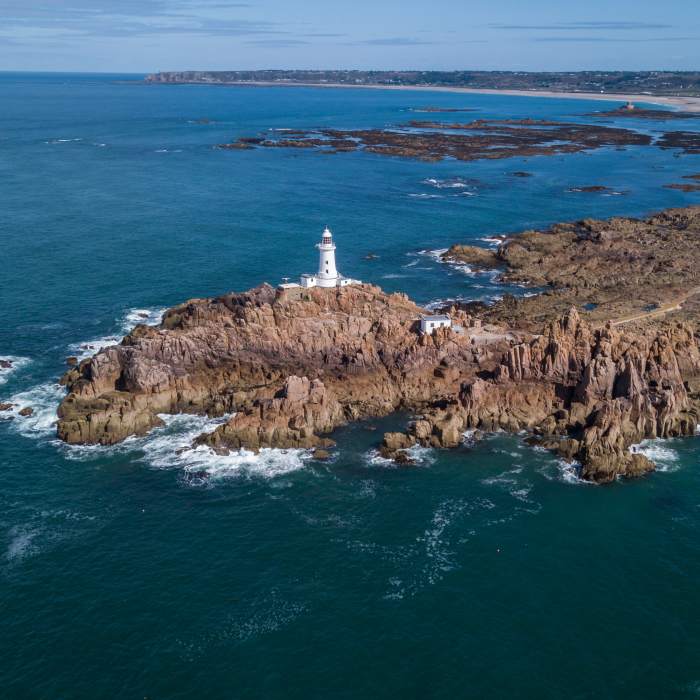 Aerial shot of La Corbiere Lighthouse, Jersey