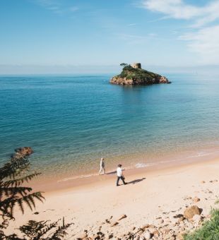 Turquoise water and white sand at Portelet beach Jersey