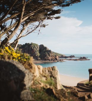 Bench overlooking a golden, sandy bay and dramatic headland
