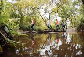 Family hoping over stepping stones in a stream at St. Catherine