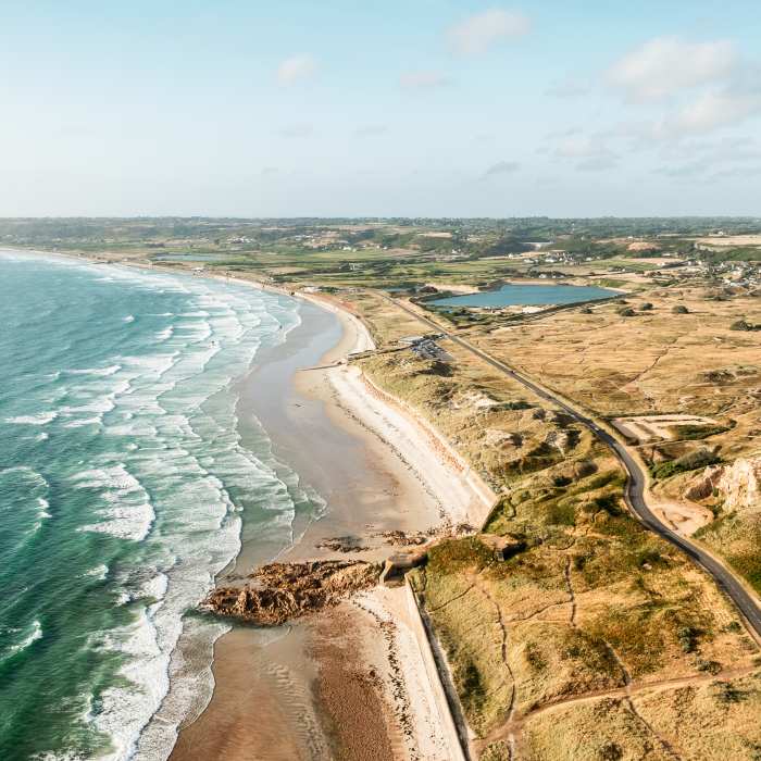 Aerial view of St. Ouen's Bay and the Sand Dunes, Jersey