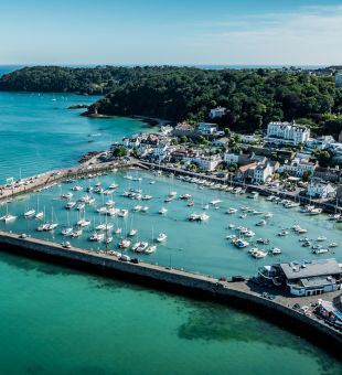 Aerial view of the blue sea and coastline of St. Aubin