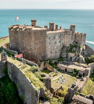 Aerial shot of a historic castle, Mont Orgueil, in Jersey