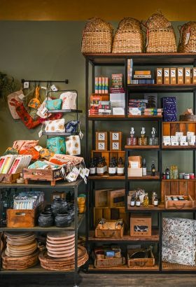 Inside of Harriet and Rose shop with shelf full of ornaments