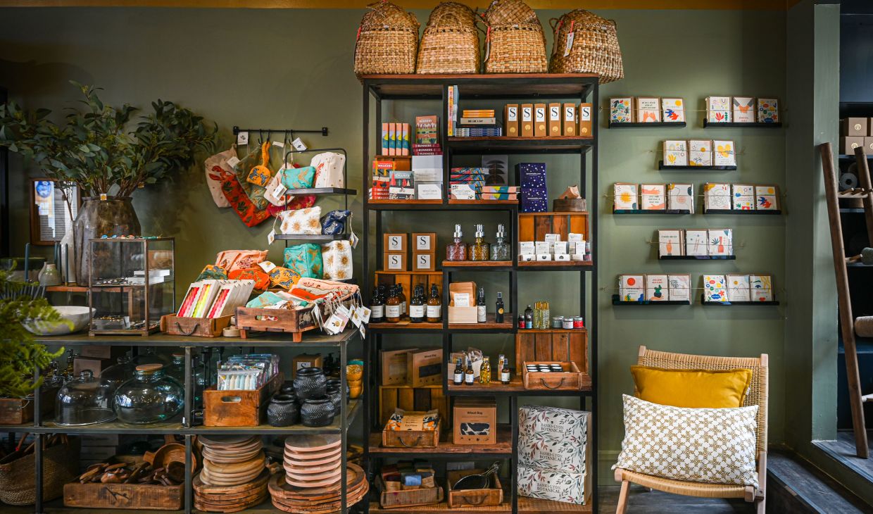 Inside of Harriet and Rose shop with shelf full of ornaments