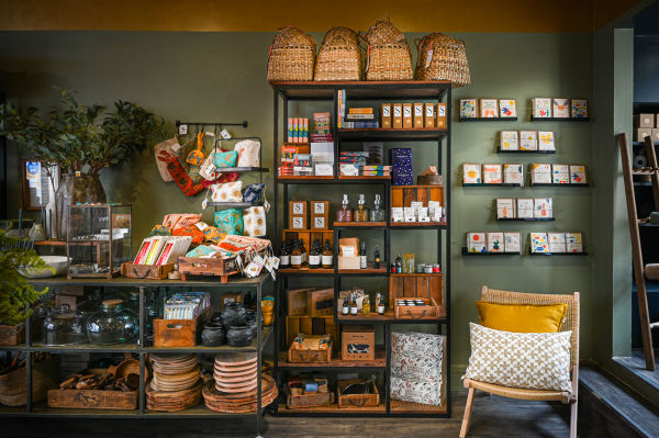 Inside of Harriet and Rose shop with shelf full of ornaments