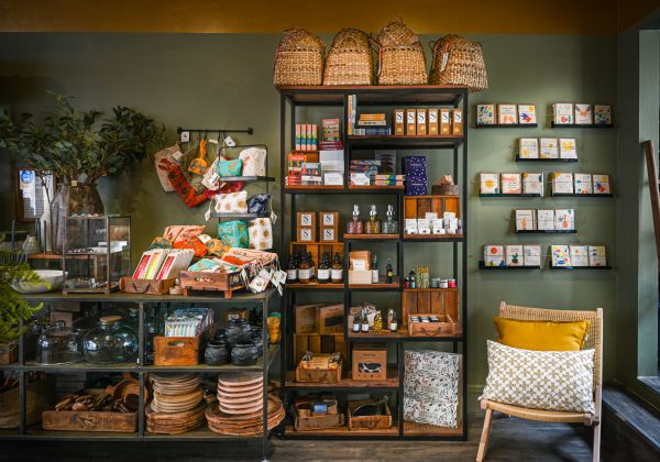 Inside of Harriet and Rose shop with shelf full of ornaments