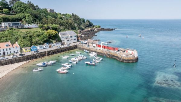 Aerial shot of a picturesque harbour in Jersey, Channel Islands