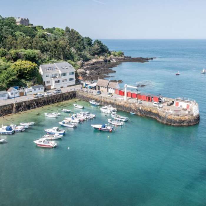 Aerial shot of a picturesque harbour in Jersey, Channel Islands