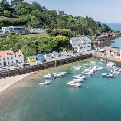 Aerial shot of a picturesque harbour in Jersey, Channel Islands
