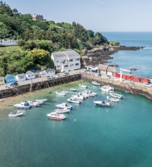 Aerial shot of a picturesque harbour in Jersey, Channel Islands