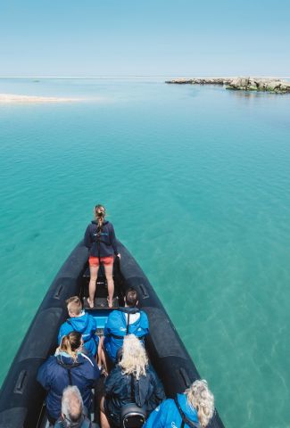 A RIB boat approaching Les Ecrehous